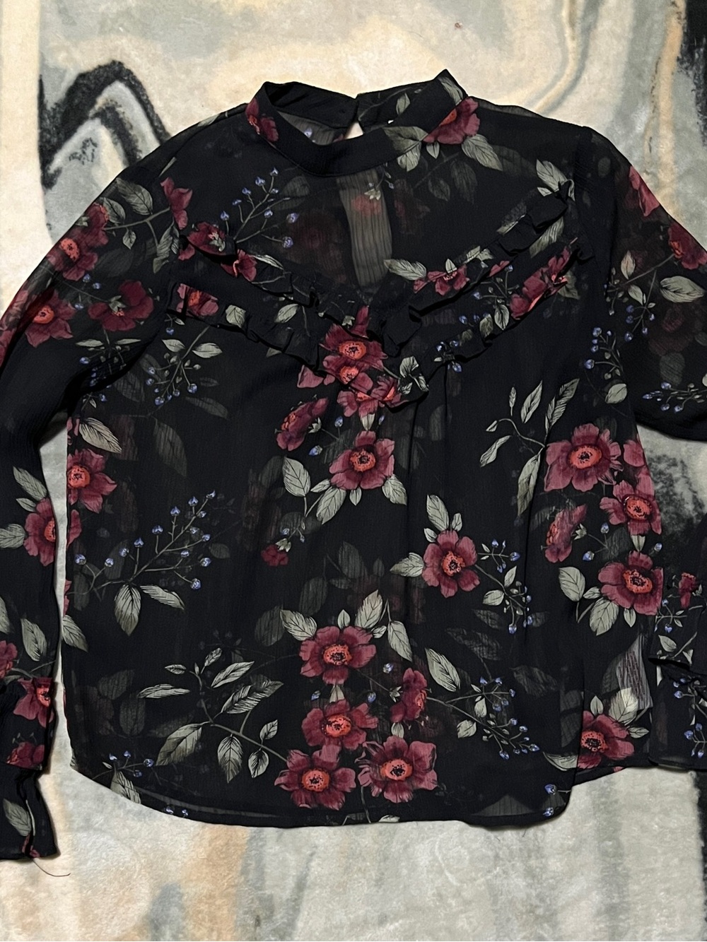 Arizona Jean Company Black Sheer Blouse with Floral Print